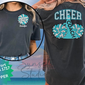 Personalized Cheer Coach Shirt, Front/Back Cheerleading Glitter PomPom Squad T-Shirt Personalized Coach Gift Comfort Colors Sports Team Tee