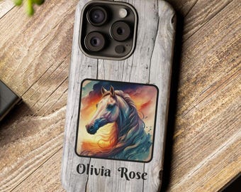 Personalized Horse Phone Case Watercolor Horse iPhone Samsung Google Case, Barnwood Cell Cover, Gift for Horse Lover, Western Horse Gift