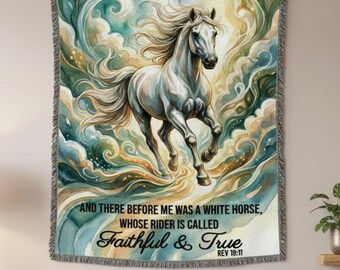Christian Horse Blanket, Faithful and True Throw, Horse Lover Gift, Bible Verse Blanket, White Horse Art, Scripture Woven Blanket