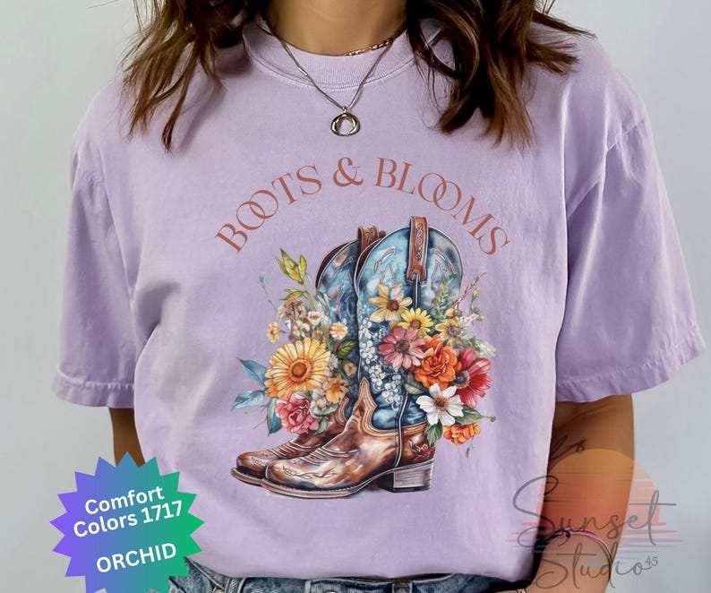 T-shirt med vintage-motiv från Cowboy Boots & Blooms, vildblomma, cowgirl-t-shirt, västerländsk blommig t-shirt, lantlig lada-t-shirt, rustik rodeo-tröja bild 2