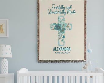 Personalized Christian Woven Blanket, Nursery Wall Tapestry, Fearfully & Wonderfully Made, Newborn Blanket Gift, Religious Home Decor
