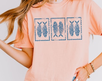 Boho Fish Boxy Tee, Comfort Colors Trendy Summer Top, Beachy Coconut Girl Shirt, Sea Life Lover Gift Beach Apparel, C3032 Retro Ocean Tshirt