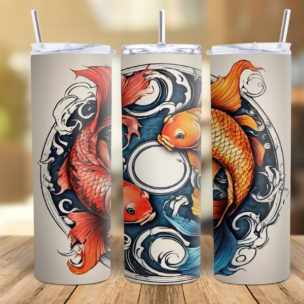 Koi Fish Tumbler Wrap, Yin Yang Fish, Beautiful Japanese Carp, 20oz Skinny Tumbler, Straight and Tapered Designs,