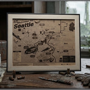 Peut inclure: Carte encadrée de Seattle avec le texte "Welcome to Seattle" en haut. La carte est dans un ton sépia, avec un cadre noir et un cadre intérieur de couleur bois clair. La carte comprend des noms de rues et des points de repère.