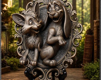 Decorative 3D bas-relief art in bronze-effect resin - Dog and Fox
