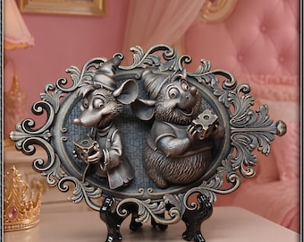Decorative 3D bas-relief art in bronze-effect resin - Two magical mice