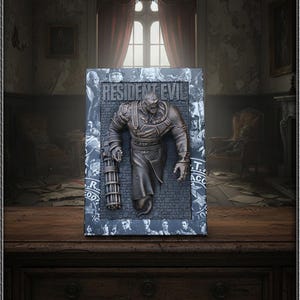 Peut inclure: Sculpture en relief de couleur bronze représentant un personnage menaçant de la série "Resident Evil". Le titre du jeu est affiché en haut. Le cadre est orné d'images de personnages, le tout sur un fond sombre.