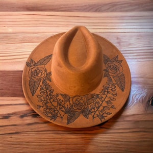 Hand Burned Wide Brim Fedora- Blue bonnets & Roses
