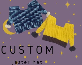 Custom Crochet jester beanie hat, clowncore