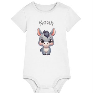 Baby Bodysuit Organic Cotton Cute Farm Animal Donkey Personalised Name Rounded Above