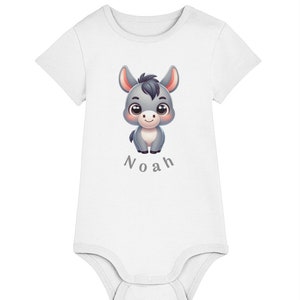 Baby Bodysuit Organic Cotton Cute Farm Animal Donkey Personalised Name Rounded Below