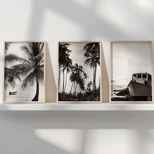 Black & White Barbados Photography Set – Palm Trees, Fishing Boats and Sea | Instant Digital Download