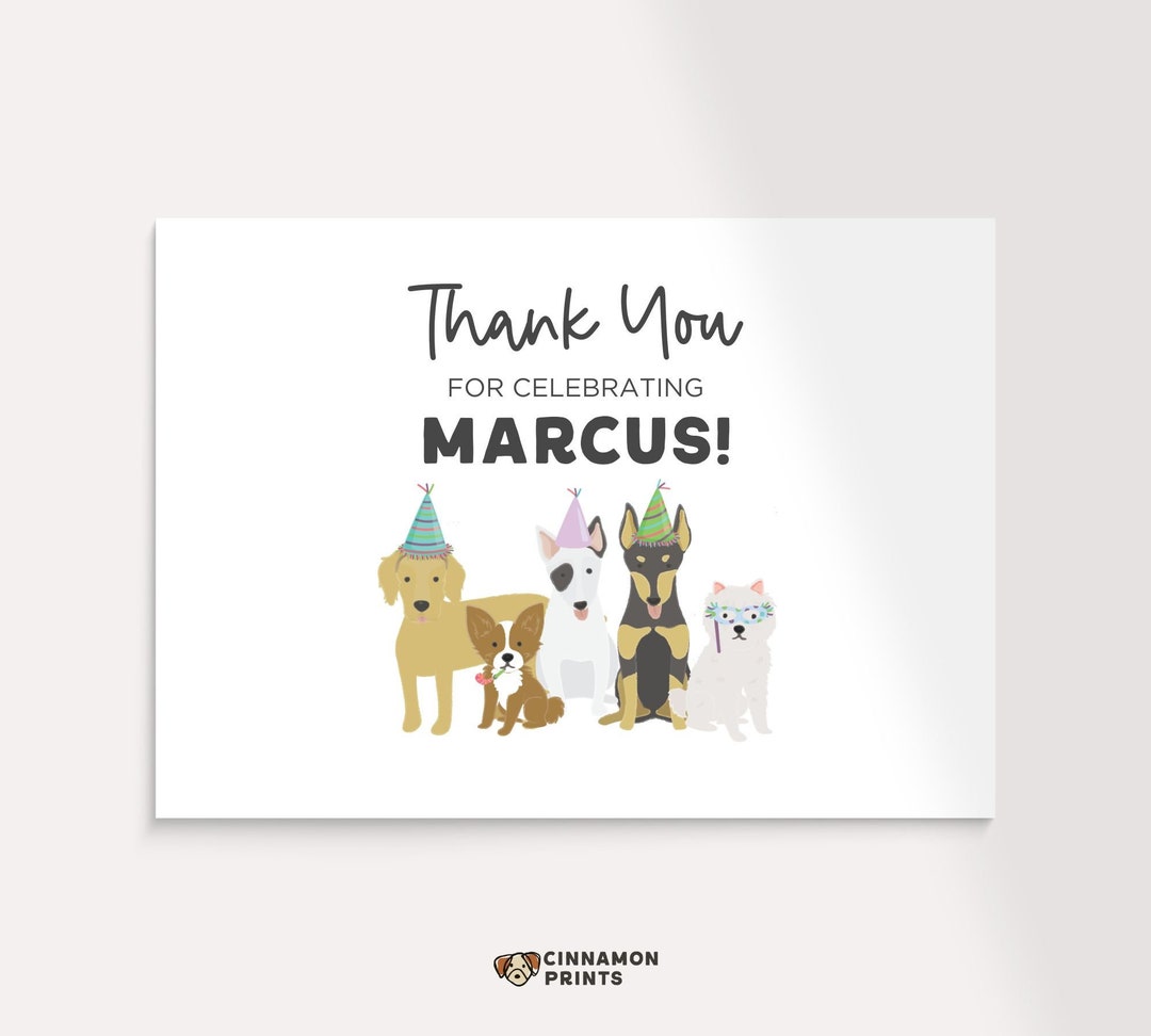 Editable Kids Birthday Thank You Card Dog Theme Hand-drawn Dogs Adopt A ...