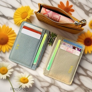 Personalized leather Wallet zip Card holder women