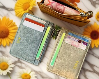 Personalized leather Wallet zip Card holder women