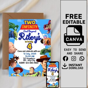 Editable Two infinity and Beyond Birthday invitation, Toy Story Party invitation, Invite 2nd Birthday, Digital kids Birthday invites Canva