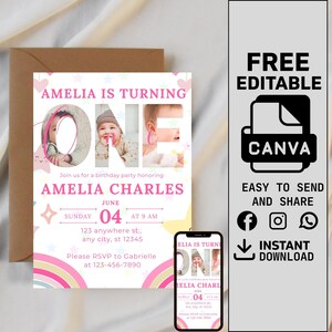 Editable 1st Birthday Photo Invitation, Minimal First Birthday Invite Template, Girl First Birthday Invitation, 1st Birthday Photo Invite