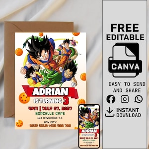 Editable Dragon ball Invitation, Dragon ball Birthday Invitation, Printable Birthday Party Invitations, Digital Bday Party Invite Template