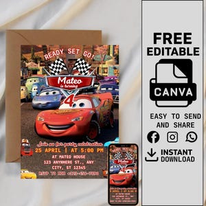 Lightning McQueen Invitation, Kids Birthday Invitation, Race Car Birthday Invitation Sport Race Car Invite, Boys Car Birthday Invitation