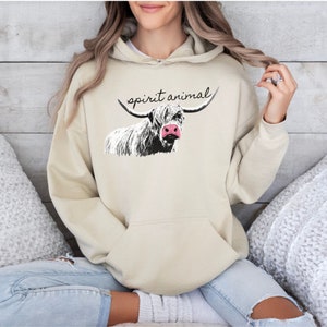 Spirit Animal Hooded Sweatshirt, Cow Lover Hoodie, Highland Cow Hoodie, Hoodie gift, Spirit Animal Hoodie