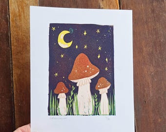 Mushrooms Reduction Lino Print, mushrooms art print, reduction lino cut, limited edition linocut