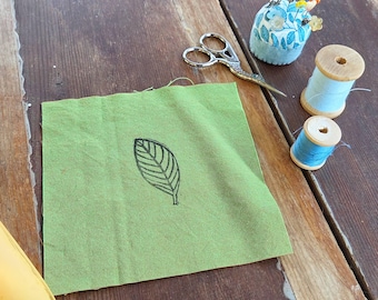 Block Printed Leaf Patch, Hand Stitched Linen Cotton Applique, sew on patches, cotton patch, fabric patch