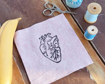 Block Printed Anatomical Heart Patch, 6 inch Cotton Linen Sew On Applique, sew on patches, fabric patch, anatomical patch, valentine patch