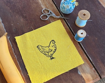 Block Printed Chicken Patch, 6 inch Cotton Linen Sew On Applique, sew on patches, cotton patch, fabric patch, rooster patch