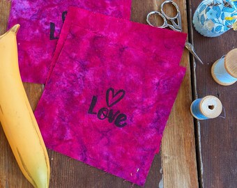Block Printed LOVE Patch, valentine patches, sew on block print patch linen, sew on patches, cotton patch, fabric patch