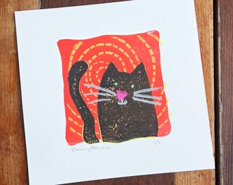 Black cat block print, block print art original, FREE SHIPPING, black cat art print, reduction lino cut, limited edition linocut