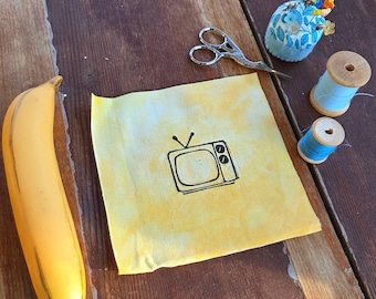 Block Printed Vintage Television Patch, 6 inch Cotton Linen Sew On Applique, sew on patches, cotton patch, fabric patch