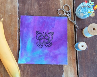 Block Printed Butterfly Patch, 6 inch Cotton Linen Sew On Applique, sew on patches, cotton patch, fabric patch