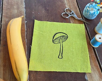 Block Printed Mushroom Patch, 6 inch Cotton Linen Sew On Applique, sew on patches, cotton patch, fabric patch