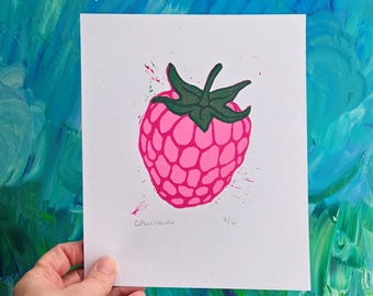 Raspberry Reduction Lino Print, raspberry art print, reduction lino cut, limited edition linocut, raspberry block print, FREE SHIPPING
