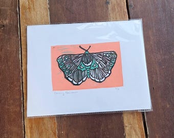 Moth Linocut, moth art print, reduction lino cut, limited edition linocut