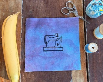 Block Printed Vintage Sewing Machine Patch, 6 inch Cotton Linen Sew On Applique, sew on patches, cotton patch, fabric patch