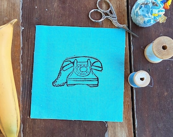 Block Printed Vintage Telephone Patch, 6 inch Cotton Linen Sew On Applique, sew on patches, cotton patch, fabric patch