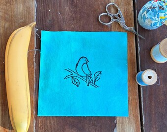 Block Printed Bird on a Branch Patch, 6 inch Cotton Linen Sew On Applique, sew on patch, cotton patch, fabric patch, bird patch, bird print