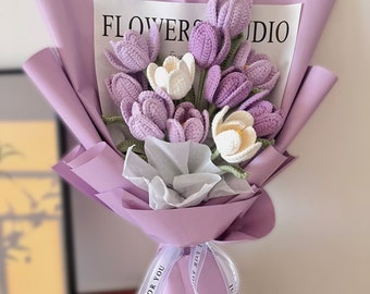 Bouquet de tulipes au crochet violet, cadeau de fleurs tricotées pour elle, petit bouquet de fleurs fait main, cadeau romantique de Saint-Valentin pour maman, nouvelle décoration intérieure