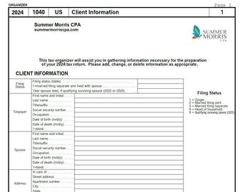May include: A white 2024 US tax organizer form with the Summer Morris CPA logo. The form includes sections for client information, filing status, and taxpayer details. The text on the form states it is for the 2024 tax return.
