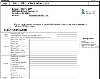 May include: A form for gathering client information for tax preparation. The form includes sections for filing status, taxpayer information, spouse information, and address. The form is titled "Client Information" and is part of a tax organizer.
