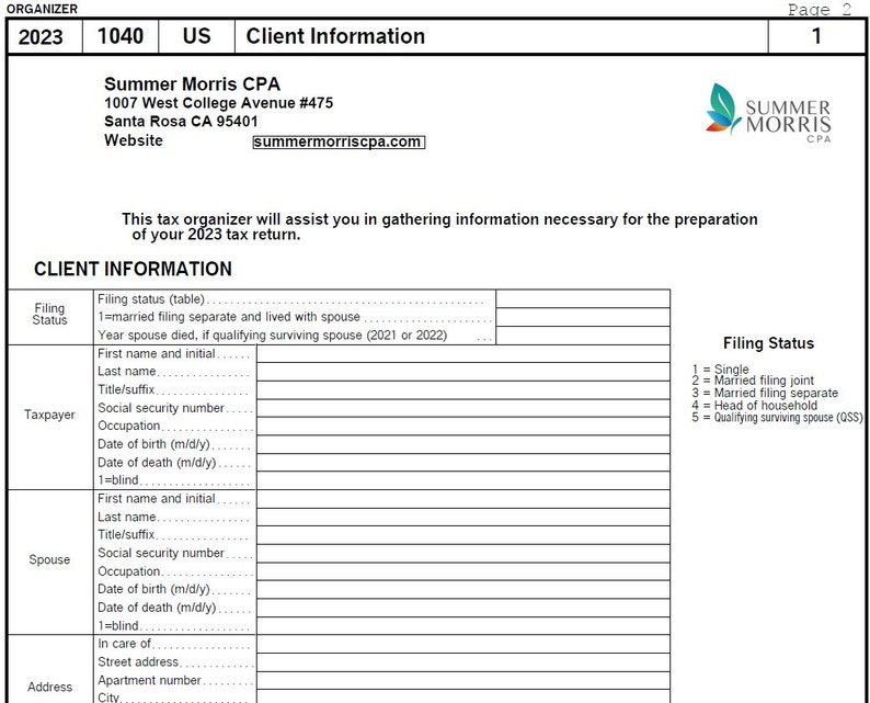 2023 Tax Return Organizer Prepared by CPA for Business Owners