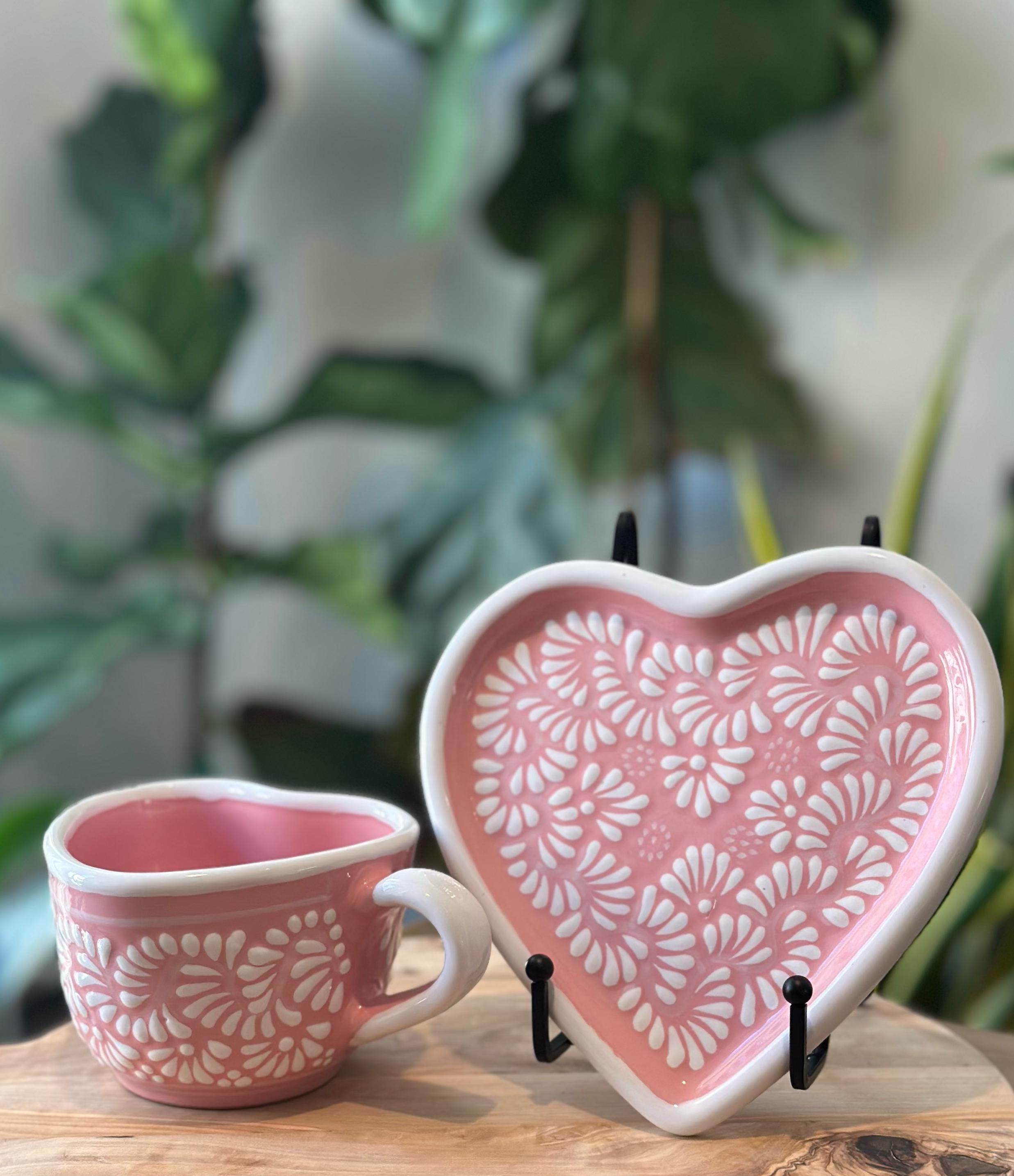 Talavera heart mug and plate set coffee hot chocolate handmade Home kitchen decor taza corazon Christmas gift regalo