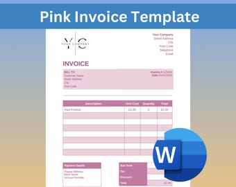 Invoice Template Form Pink -  Editable in Word & Google Docs - Can be used in GBP and US Dollars - Invoice Template Download