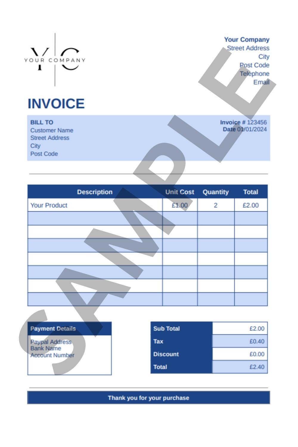 Printable Blue Invoice Template - Editable in Microsoft Word & Google ...