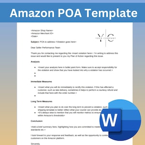 Pode incluir: Um modelo azul e branco para um Plano de Ação (POA) para vendedores da Amazon. O modelo inclui seções para análise, medidas imediatas, medidas de longo prazo e conclusão. O modelo também inclui um lugar para o nome da loja do vendedor, o ID do comerciante e a data.