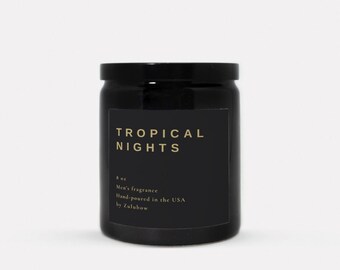 Tropical Nights Bougie pour hommes coulée à la main, parfum de luxe, couvercle en céramique noire, couvercle, cire de soja, noix de coco végétalienne, sans colorant, non toxique, mèche de coton 8 oz