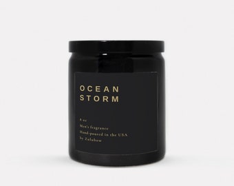 Bougie pour hommes Ocean Storm coulée à la main, parfum de luxe, couvercle en céramique noire, couvercle, cire de soja, noix de coco végétalienne, sans colorant, non toxique, mèche de coton 8 oz