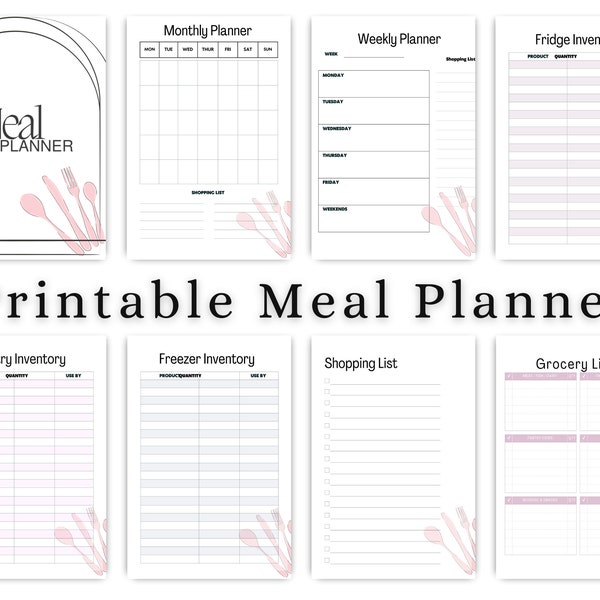 Meal Planner Bundle Printable| Weekly and Monthly Menu Planner| Kitchen Organization and Inventory| Grocery List Template