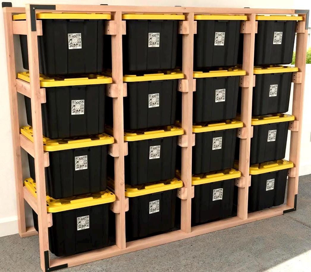 27 Gallon Tote Rack Plans, Tote Garage Storage Shelves, Organization Storage Plans, Basement Organizer, DIY Build Plans & Calculation Sheet